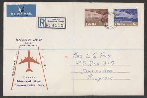 ZAMBIA 1967 LUSAKA INTERNATIONAL AIRPORT REG AIRMAIL OFFICIAL FDC 2/10/67