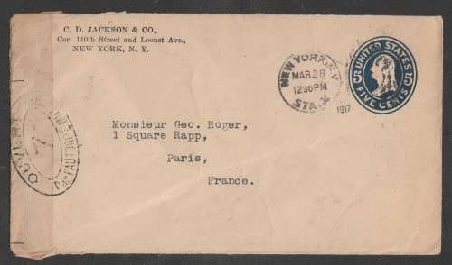 CENSOR MAIL - 1917 WWI COVER UNITED STATES PREPAID TO PARIS FRANCE