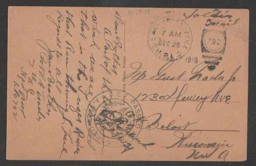 CENSOR MAIL - 1918 WWI COVER POSTAGE FREE POSTCARD TO WISCONSIN UNITED STATES
