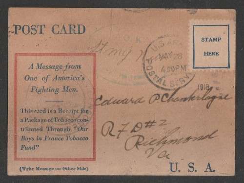 CENSOR MAIL - 1918 WWI COVER POSTAGE FREE POSTCARD US APS TO VIRGINIA UNITED STATES