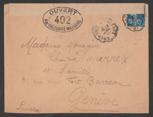CENSOR MAIL - 1916 WWI COVER FRENCH STAMP TO GENEVA SWITZERLAND