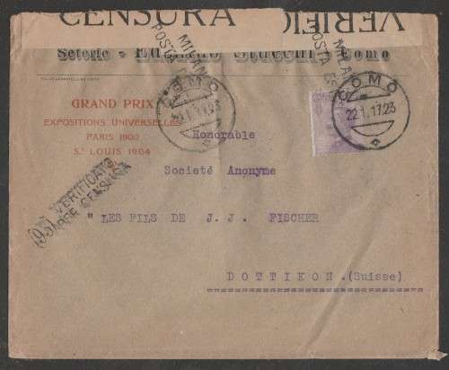 CENSOR MAIL - 1917 WWI COVER ITALIAN STAMP TO DOTTIKEN SWITZERLAND