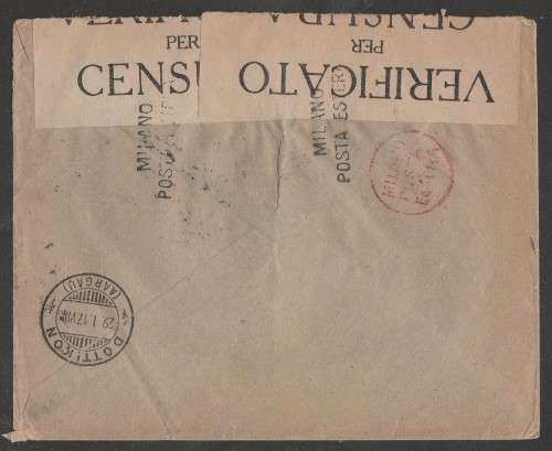 CENSOR MAIL - 1917 WWI COVER ITALIAN STAMP TO DOTTIKEN SWITZERLAND