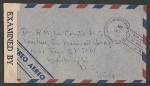 CENSOR MAIL - 1942 WWII COVER EL SALVADOR STAMPS TO WASHINGTON DC USA