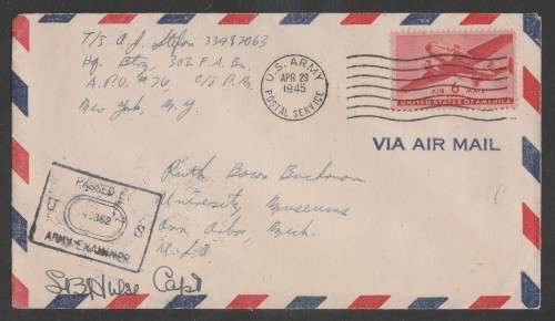 CENSOR MAIL - 1945 WWII COVER USA STAMP TO USA