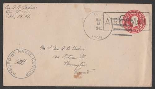 CENSOR MAIL - 1945 WWII COVER USA PREPAID US NAVY TO VERMONT USA