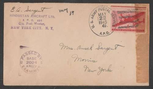 CENSOR MAIL - 1945 WWII COVER USA STAMP US ARMY APO TO NEW YORK USA