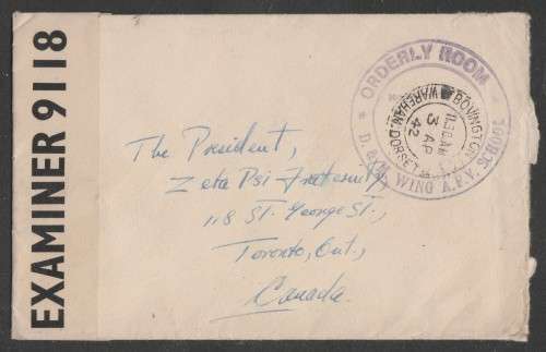 CENSOR MAIL - 1942 WWII COVER POSTAGE FREE AFV SCHOOL DORSET TO CANADA