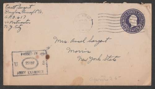 CENSOR MAIL - 1943 WWII COVER PREPAID POSTAGE US ARMY APO TO NEW YORK STATE USA
