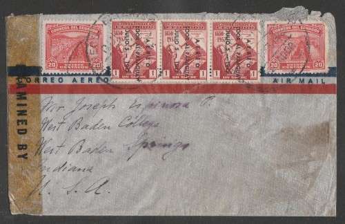 CENSOR MAIL - 1943 WWII COVER EQUADOR STAMPS TO INDIANA USA