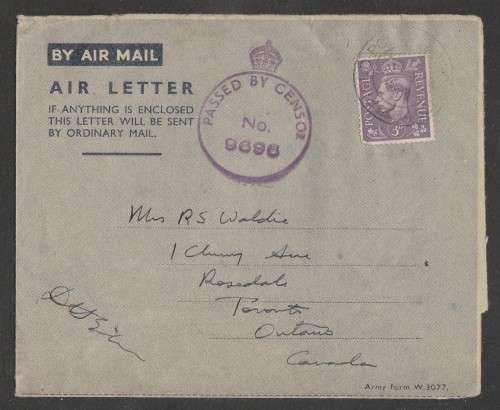 CENSOR MAIL - 1944 WWII COVER GB STAMP TO ONTARIO CANADA