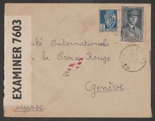CENSOR MAIL - 1943 WWII COVER ALGERIAN STAMPS TO SWITZERLAND