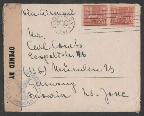 CENSOR MAIL - 1947 POST WWII OCCUPATION COVER USA STAMPS FLUSHING TO BAVARIA GERMANY