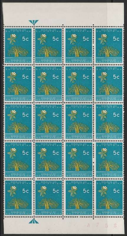 RSA 1961 1ST DEF 5c MNH ARROW BLOCK OF 20 WITH RED SHEET NUMBER SACC 214