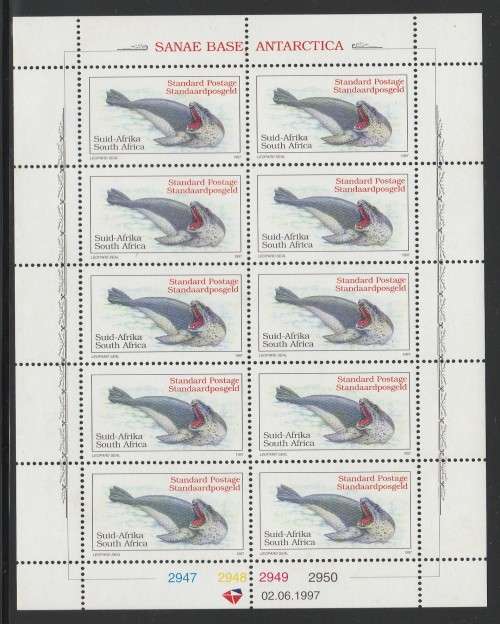 RSA 1997 LEOPARD SEAL SP ADDITIONAL DEFINITIVE MNH FULL SHEET OF 10 PANE F