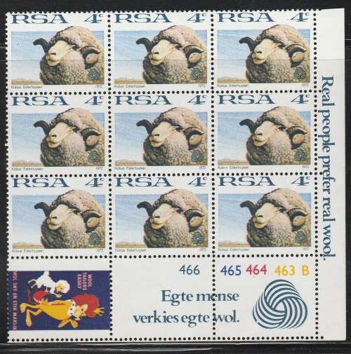 RSA 1972 1ST DEF 4c MNH EXTENDED CONTROL BLOCK OF 9 PANE B SACC 322 WITH LABELS