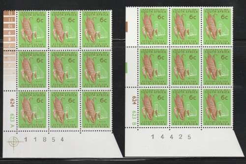 RSA 1974 1ST DEF 6c MNH EXTENDED CONTROL BLOCKS OF 9 PANE A AND B SACC 331