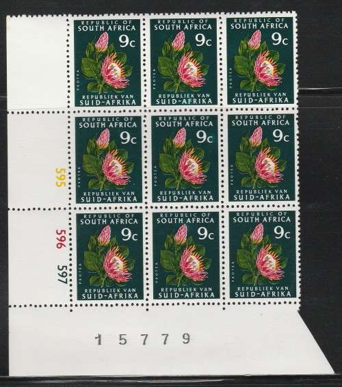 RSA 1974 1ST DEF 9c MNH EXTENDED CONTROL BLOCK OF 9 (595) SACC 332