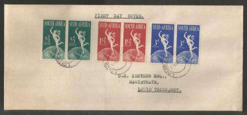 UNION SA 1949 75TH ANNIV UPU SET OF 3 PAIRS ON PRIVATE FDC