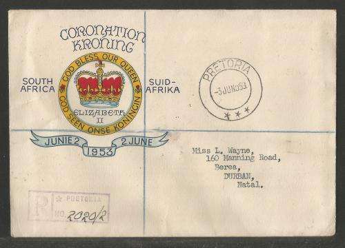 UNION SA 1953 CORONATION QE II BLOCK OF 4 ON ILLUSTRATED REGISTERED PRIVATE FDC