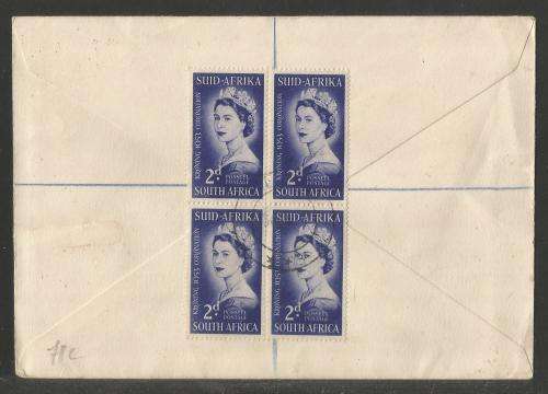 UNION SA 1953 CORONATION QE II BLOCK OF 4 ON ILLUSTRATED REGISTERED PRIVATE FDC