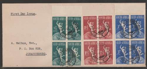 UNION SA 1949 75TH ANNIV UPU BLOCKS OF 4 ON PRIVATE FDC