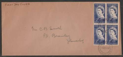 UNION SA 1953 CORONATION QEII BLOCK OF 4 ON PRIVATE FDC