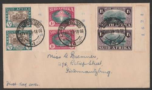 UNION SA 1939 250TH ANNIV HUGUENOT LANDING SET PAIRS ON PRIVATE FDC WITH BLACK SHEET NUMBERS