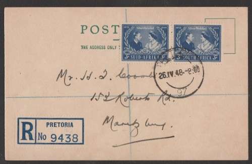 UNION SA 1948 SILVER WEDDING PRIVATE REGISTERED FIRST DAY POSTCARD