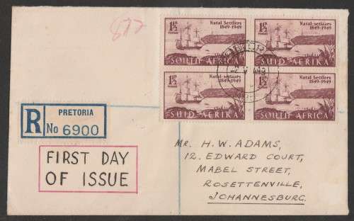 UNION SA 1949 CENTENARY BRITISH SETTLERS BLOCK OF 4 ON REGISTERED PRIVATE FDC