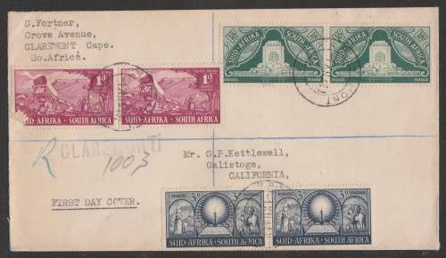 UNION SA 1949 INAUGURATION VOORTREKKER MONUMENT REGISTERED PRIVATE FDC ADDRESSED TO USA