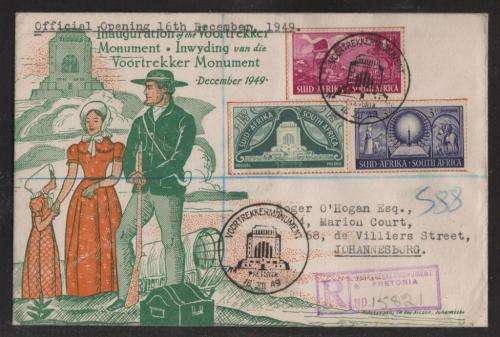 UNION SA 1949 INAUGURATION VOORTREKKER MONUMENT REG COM COVER WITH SPECIAL D/S 6/12/49