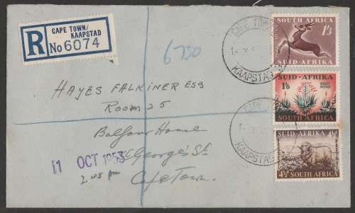 UNION SA 1953 DEFINITIVE ISSUE REGISTERED PRIVATE FDC