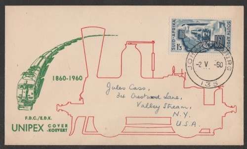 UNION SA 1960 CENTENARY SA RAILWAYS ILLUSTRATED PRIVATE FDC ADDRESSED TO NY USA