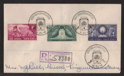 UNION SA 1949 INAUGURATION VOORTREKKER MONUMENT SET OF 3 ON REG COM COVER WITH SPECIAL D/S 6/12/49