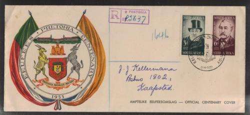 UNION SA 1955 CENTENARY PRETORIA SET OF 2 ON REG PRIVATE FDC WITH EEUFEES 21/10/55 D/S