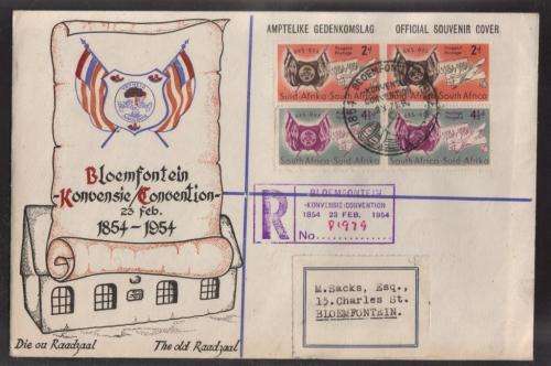 UNION SA 1954 CENTENARY OFS SET OF PAIRS ON REG COM COVER WITH SPECIAL D/S
