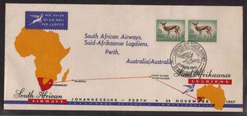 UNION SA 1957 SAA INAUGURAL FLIGHT 25/11/57 JHB - PERTH ILLUSTRATED UNADDRESSED FLIGHT COVER