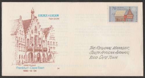 SA AIRWAYS (SAA) FLIGHT COVER # 34 - 1980 FIRST FLIGHT FRANKFURT - CT - NO FRONT D/S YET FLOWN