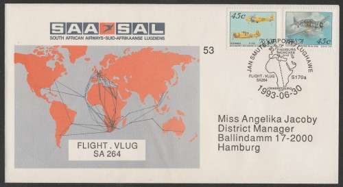 SA AIRWAYS (SAA) FLIGHT COVER # 53 - 1993 FLIGHT SA264 JHB - HAMBURG (STAMPS 19/20)
