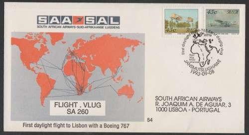 SA AIRWAYS (SAA) FLIGHT COVER # 54 - 1993 FLIGHT SA260 JHB - LISBON BOEING 767 (STAMPS 2/22)