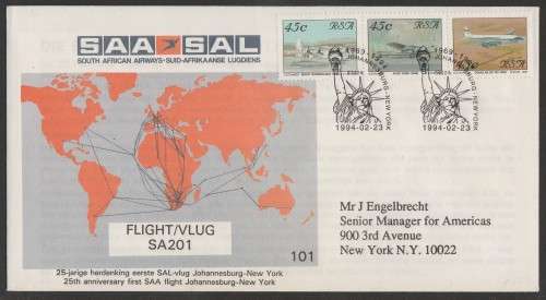 SA AIRWAYS (SAA) FLIGHT COVER # 101 - 1994 25TH ANNIV FIRST FLIGHT SAA JHB - NY (STAMPS 21/22/23)