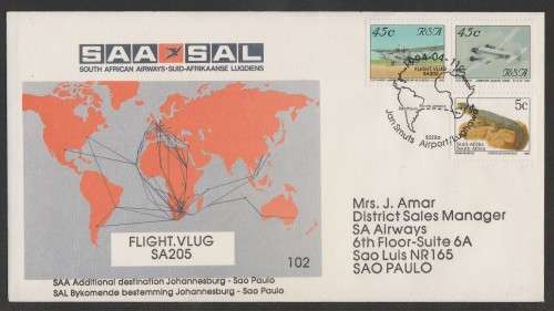 SA AIRWAYS (SAA) FLIGHT COVER # 102 - 1994 JHB - SAO PAULO SA205 (STAMPS 14/15)