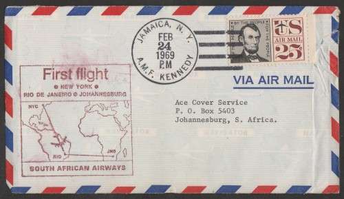 SA AIRWAYS (SAA) FLIGHT COVER - 1969 FIRST FLIGHT NY-RIO-JHB - TATTY BUT INCLUDES POSTCARD