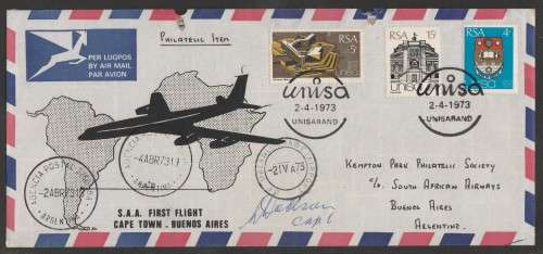 AVIATION 1973 KEMPAIR FLIGHT COVER  #2 - SAA FIRST FLIGHT CT - BUENOS AIRES SIGNED BY CAPTAIN