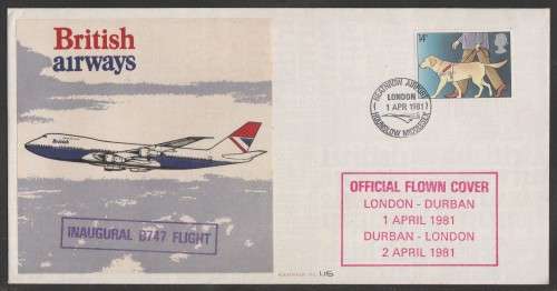 AVIATION 1981 KEMPAIR FLIGHT COVER  #1.15 - BRITISH AIRWAYS INAUGURAL B747 FLIGHT LDN - DBN