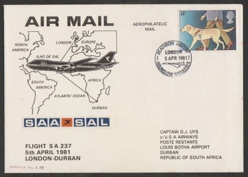 AVIATION 1981 KEMPAIR FLIGHT COVER  #1.17 - SAA FLIGHT SA237 LDN - DBN