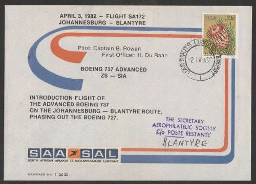 AVIATION 1982 KEMPAIR FLIGHT COVER  #1.22 - SAA INTRO OF THE ADVANCED BOEING 737 JHB - BLANTYRE