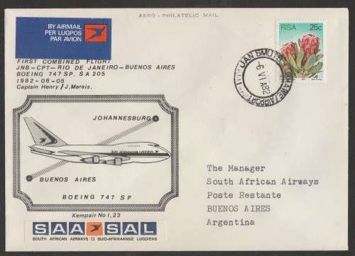 AVIATION 1982 KEMPAIR FLIGHT COVER  #1.23 - FIRST SAA FLIGHT  BOEING 747SP JHB - RIO - BUENOS AIRES