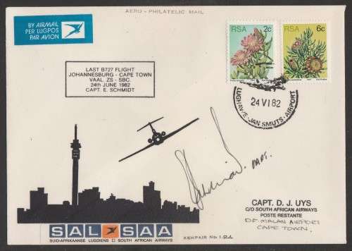 AVIATION 1982 KEMPAIR FLIGHT COVER  #1.24 - LAST SAA B727 FLIGHT JHB - CT SIGNED CAPT